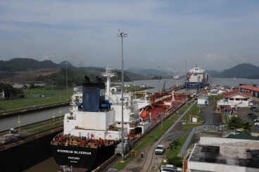 Ships passing through the Mira Flores locks - view from the Visitor Center